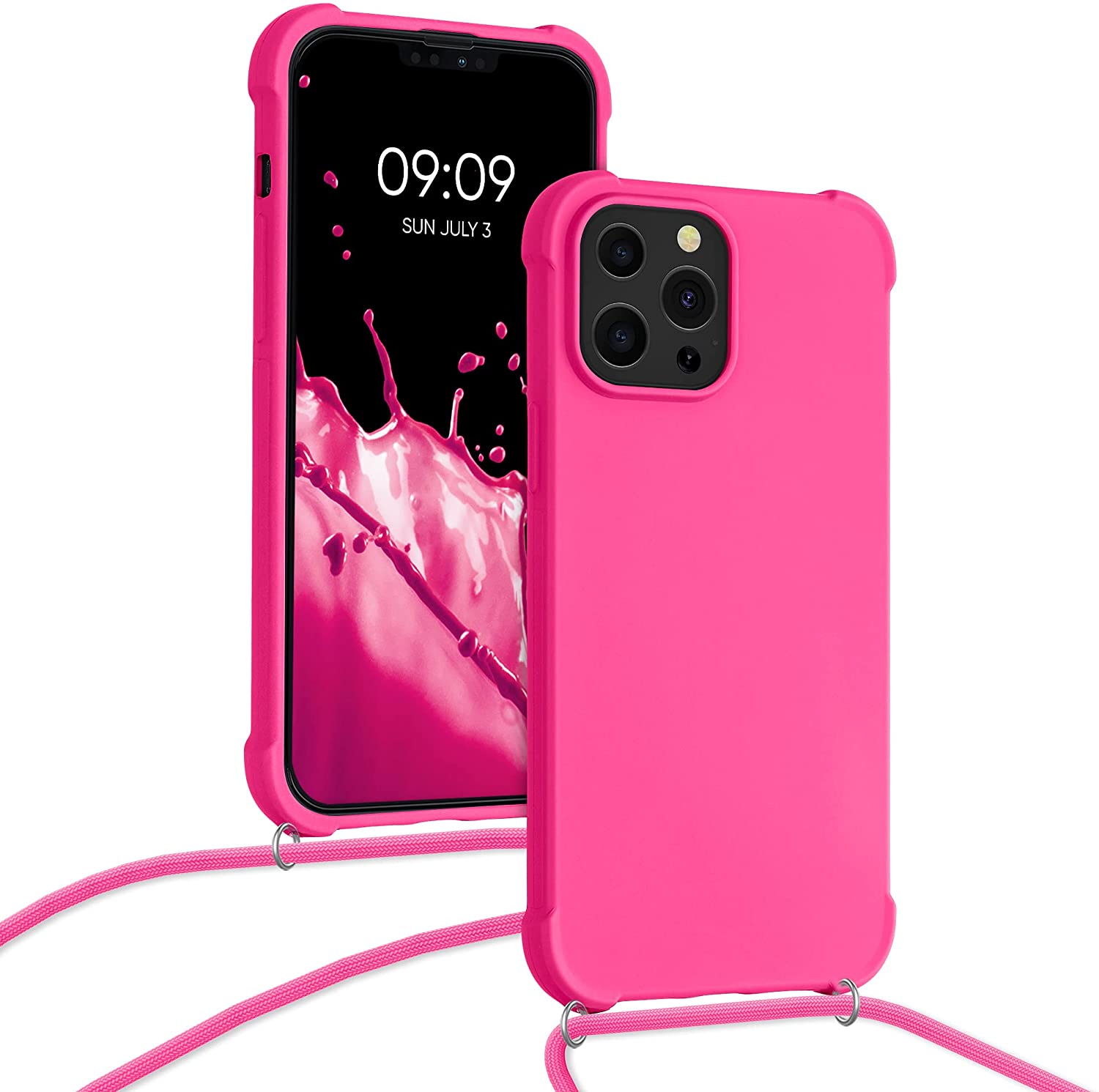 KW iPhone 13 Pro Max Θήκη Σιλικόνης TPU με Λουράκι - Neon Pink - 55977.77