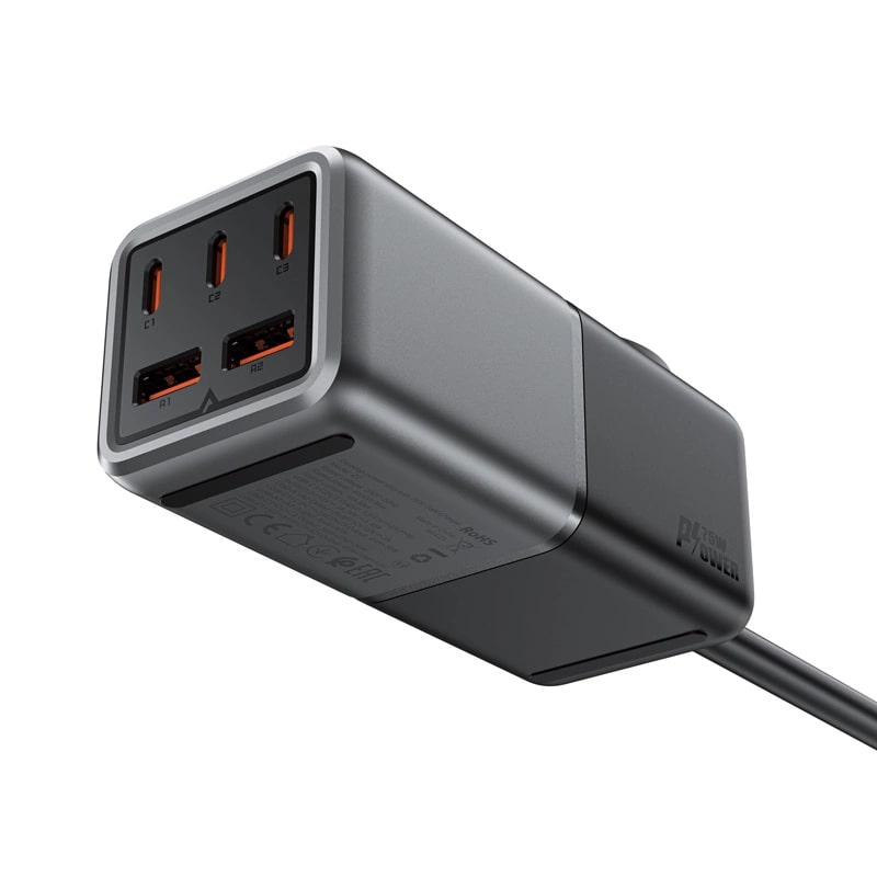 Acefast Z2 GaN 75W PD Σταθμός Φόρτισης με 3 Θύρες Type-C και 2 Θύρες USB και 1 Πρίζα - Black / Grey