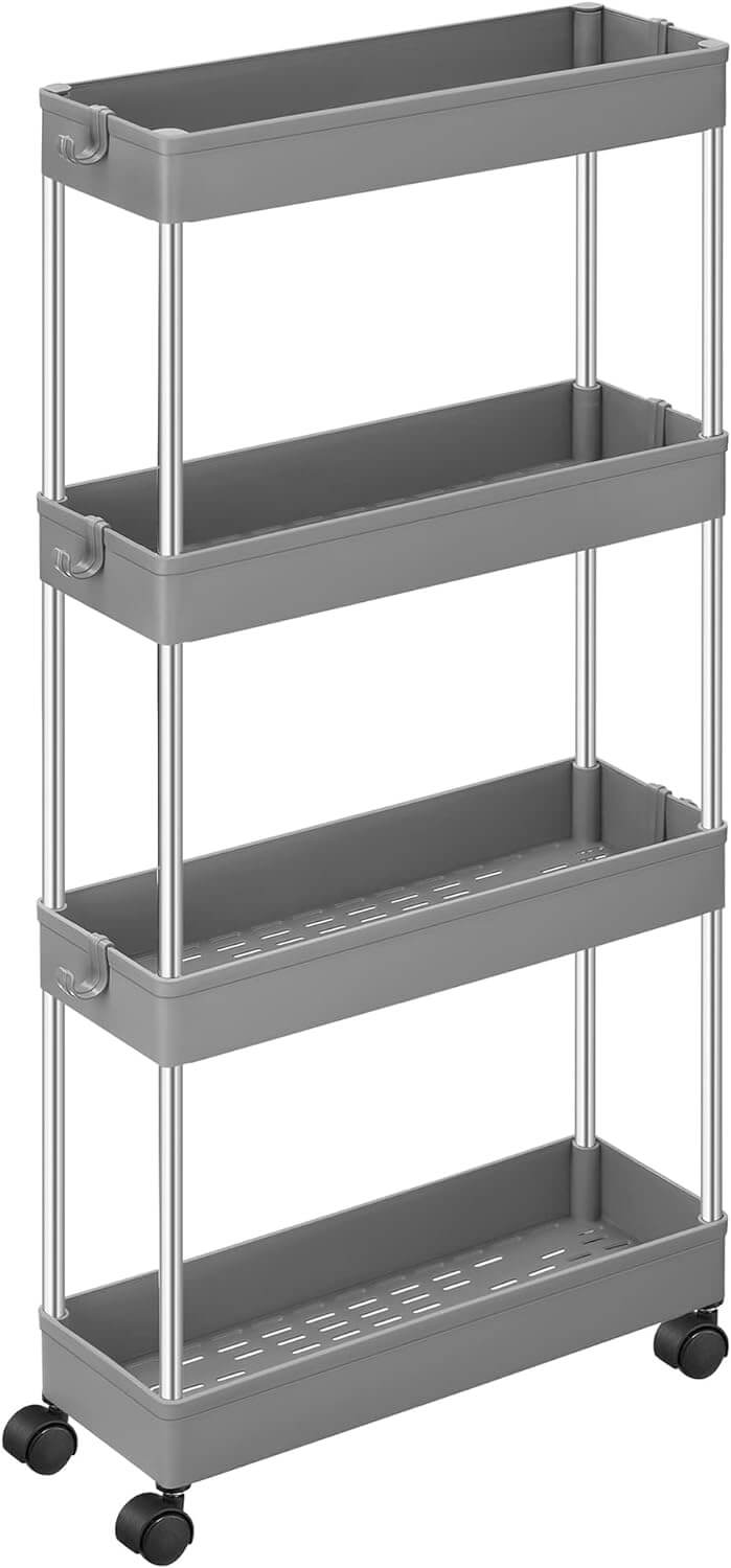 Songmics Πλαστικό Καρότσι Εξοικονόμησης Χώρου για Οργάνωση και Αποθήκευση με 4 Ράφια - 40 x 12.5 x 86 cm - Grey - KSC008G01