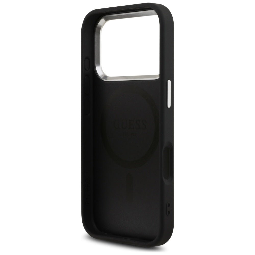 Guess iPhone 17 Pro - 4G Triangle Logo MagSafe - Σκληρή Θήκη με Πλαίσιο Σιλικόνης και Επένδυση Συνθετικού Δέρματος - Black / Silver - GUHMP17LP4TSRCMK