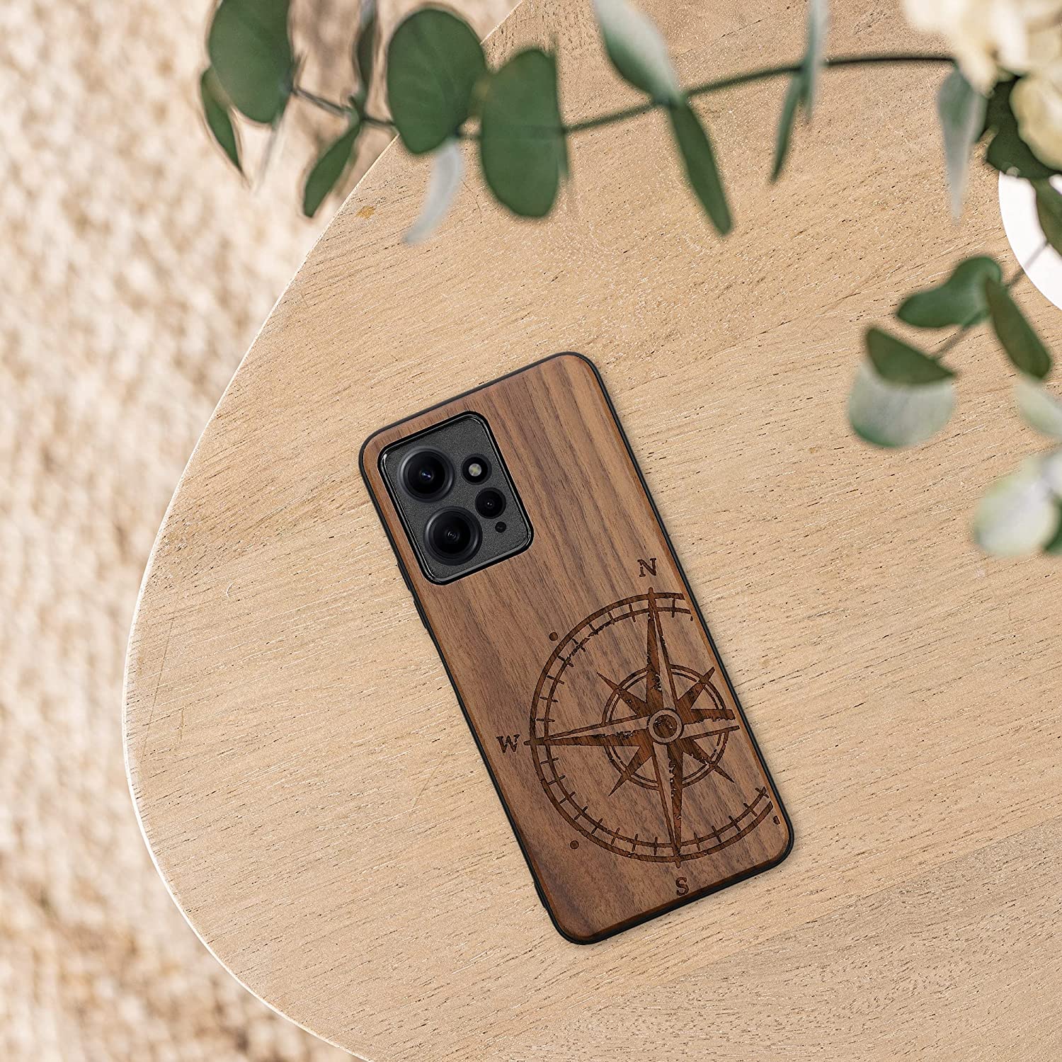 KW Xiaomi Redmi Note 12 4G Θήκη από Φυσικό Ξύλο - Design Navigational Compass - Dark Brown - 61179.01