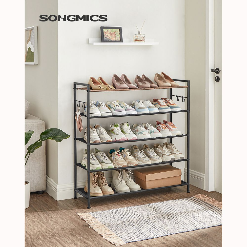 Songmics Μεταλλική Παπουτσοθήκη με 5 Υφασμάτινα Ράφια - 29 x 89 x 92.5 cm - Rustic Brown / Black - LMR035B01