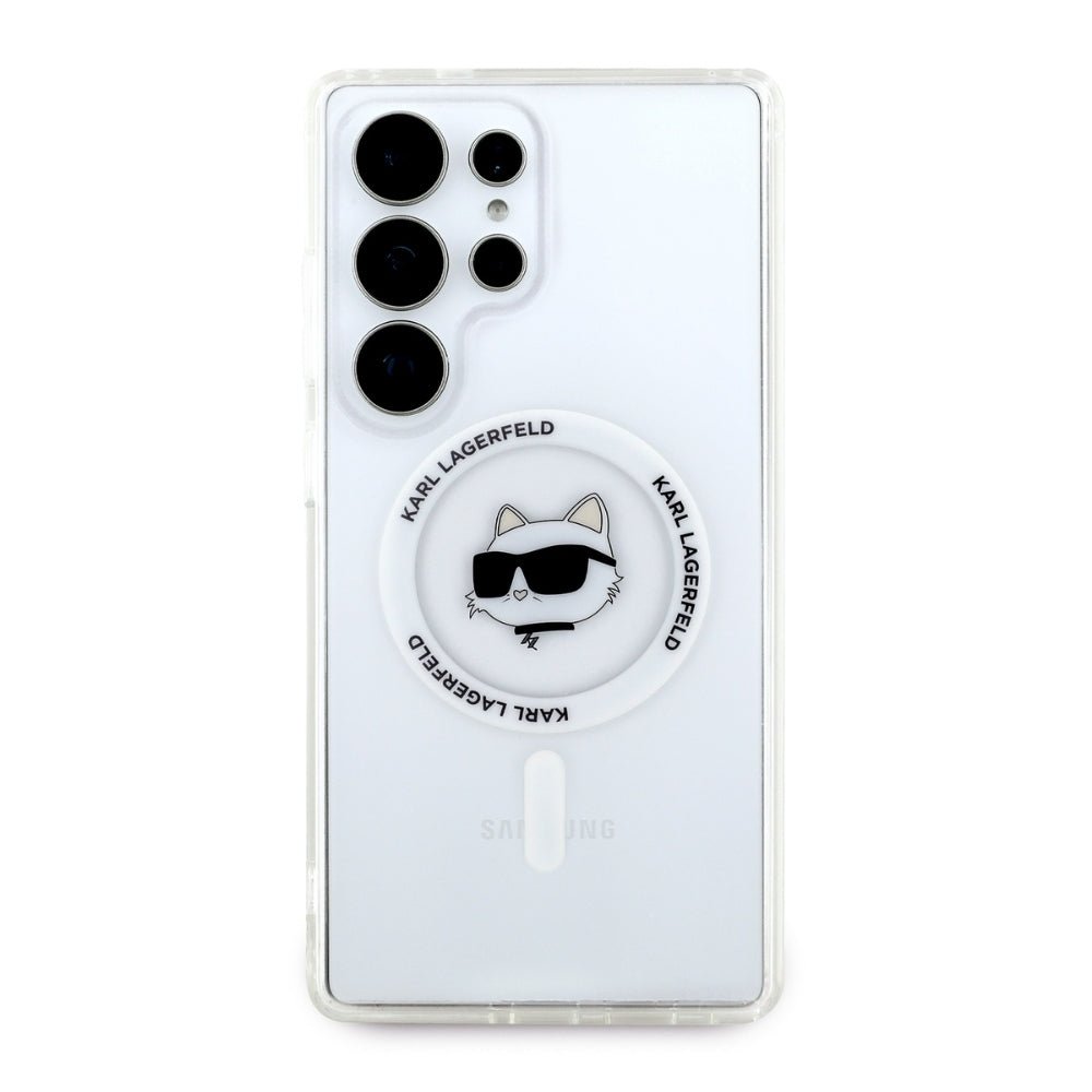 Karl Lagerfeld Samsung Galaxy S25 Ultra - Button Choupette Head Printed Logo - MagSafe Σκληρή Θήκη με Πλαίσιο Σιλικόνης - White - KLHMS25LHLSCHH