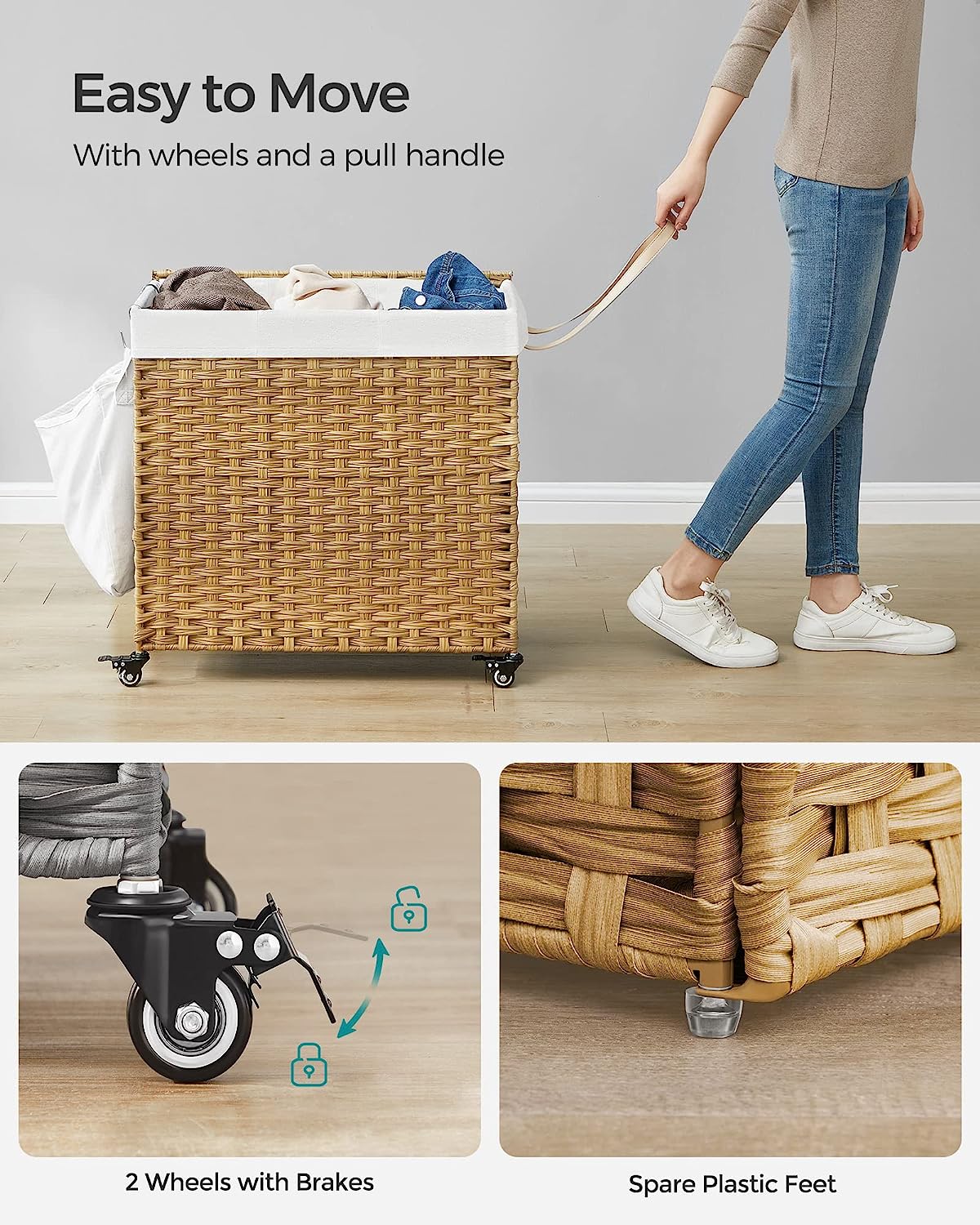 Songmics Χειροποίητο Καλάθι Απλύτων με 3 Χωρίσματα από Συνθετικό Rattan με Καπάκι - 140 L - Natural - LCB363N01