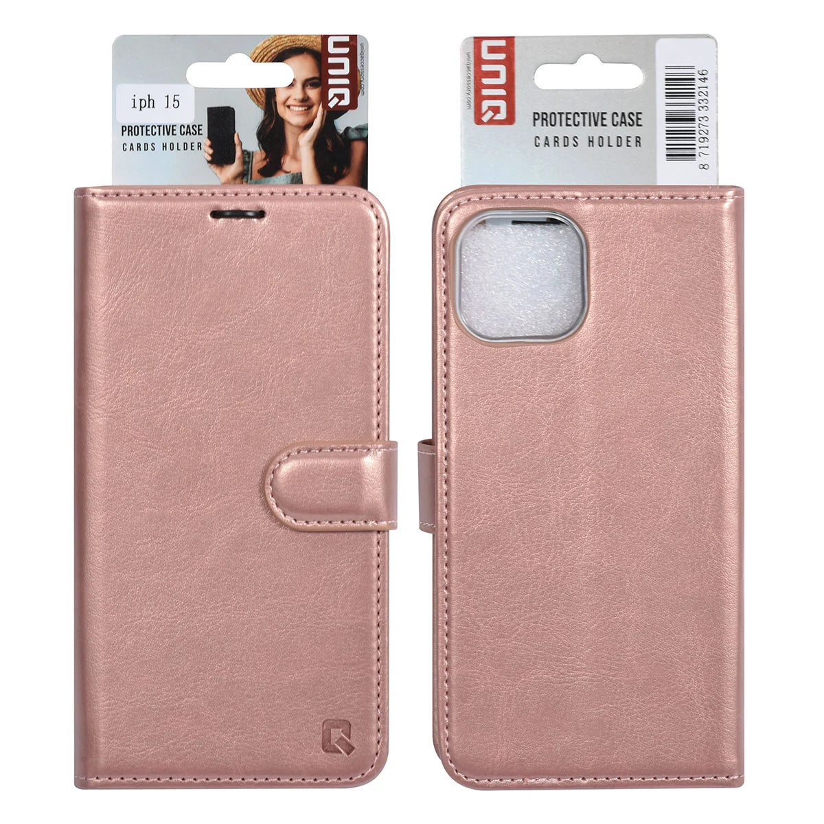 Tuniq iPhone 15 - Θήκη Πορτοφόλι Stand από Δερματίνη - Rose Gold