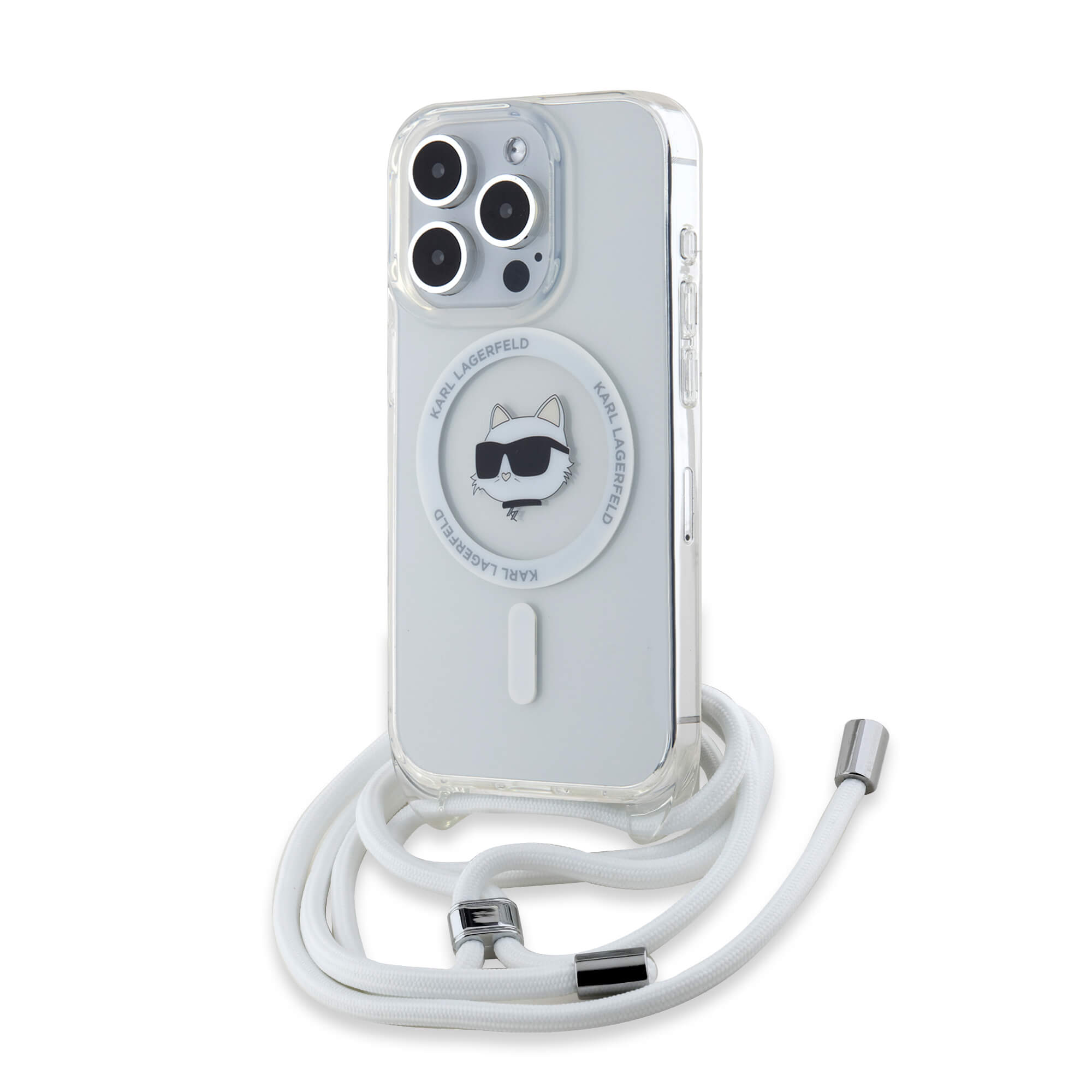 Karl Lagerfeld iPhone 15 Pro - IML Choupette Head and Cord - MagSafe Σκληρή Θήκη με Πλαίσιο Σιλικόνης και Λουράκι - Διάφανη - KLHMP15LHCCHNT