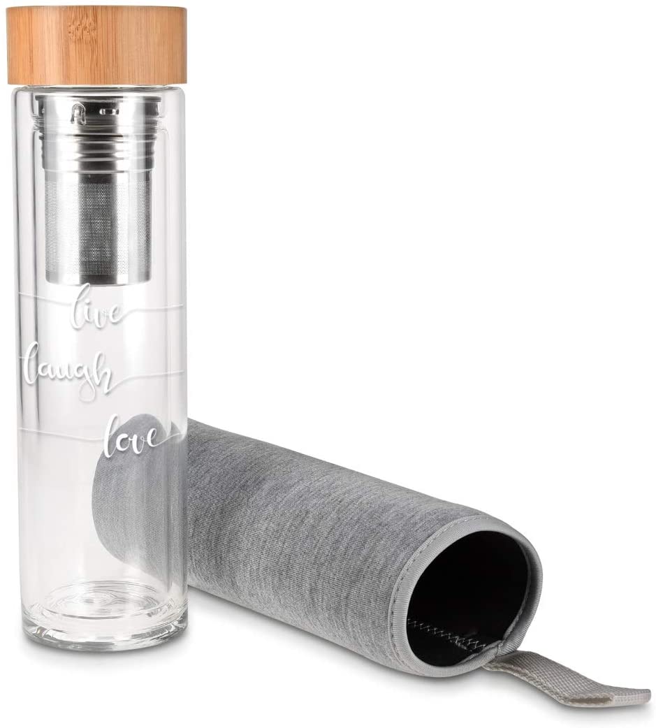 Navaris Γυάλινο Μπουκάλι Τσαγιού με Θήκη μεταφοράς - 500ml - Design Live Laugh Love - Clear - 45888.2.05