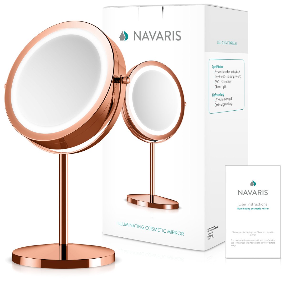 Navaris LED Illuminated Two-Sided Vanity Makeup Mirror - Περιστρεφόμενος Φωτιζόμενος Καθρέπτης LED - Copper - 43359