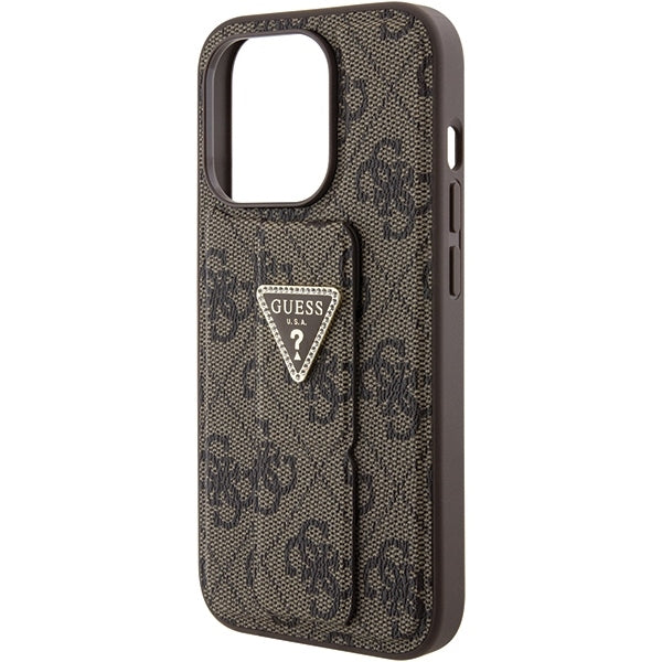 Guess iPhone 15 Pro Grip Stand 4G Triangle Strass Logo Θήκη με Επένδυση Συνθετικού Δέρματος και Stand - Brown - GUHCP15LPGS4TDW