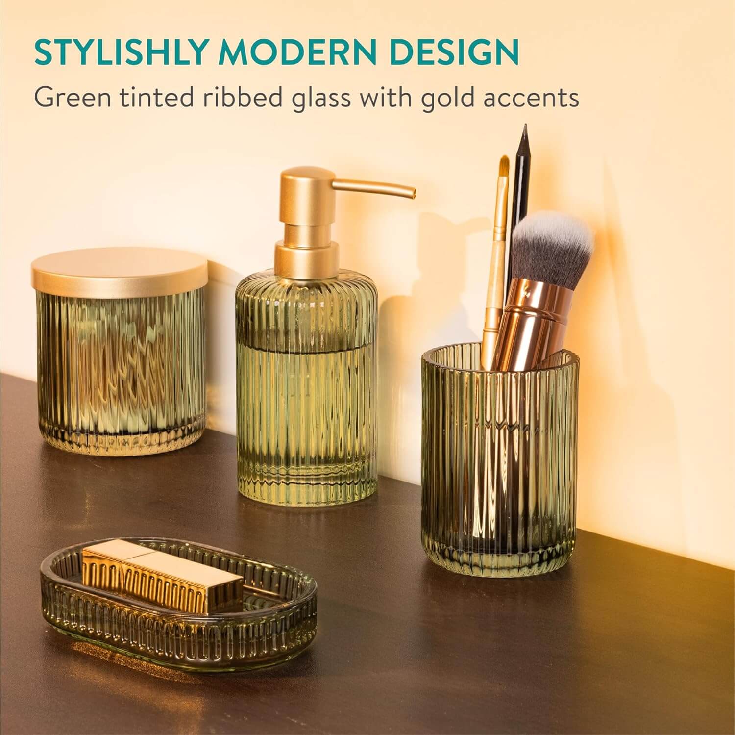 Navaris Γυάλινο Σετ 4 Τεμαχίων Αξεσουάρ Μπάνιου - Διάφανο / Sage Green