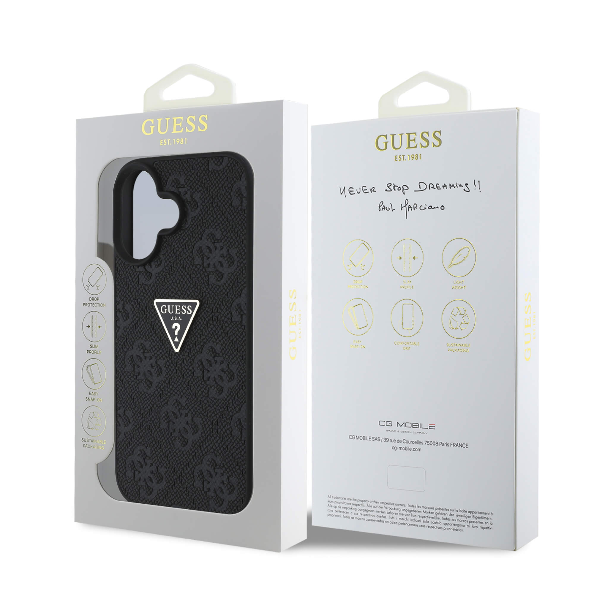 Guess iPhone 16 - Hot Stamp 4G Pattern Triangle Metal Logo - Θήκη με Επένδυση Συνθετικού Δέρματος και Πλαίσιο Σιλικόνης - Black - GUHCP16SPGP4STRK