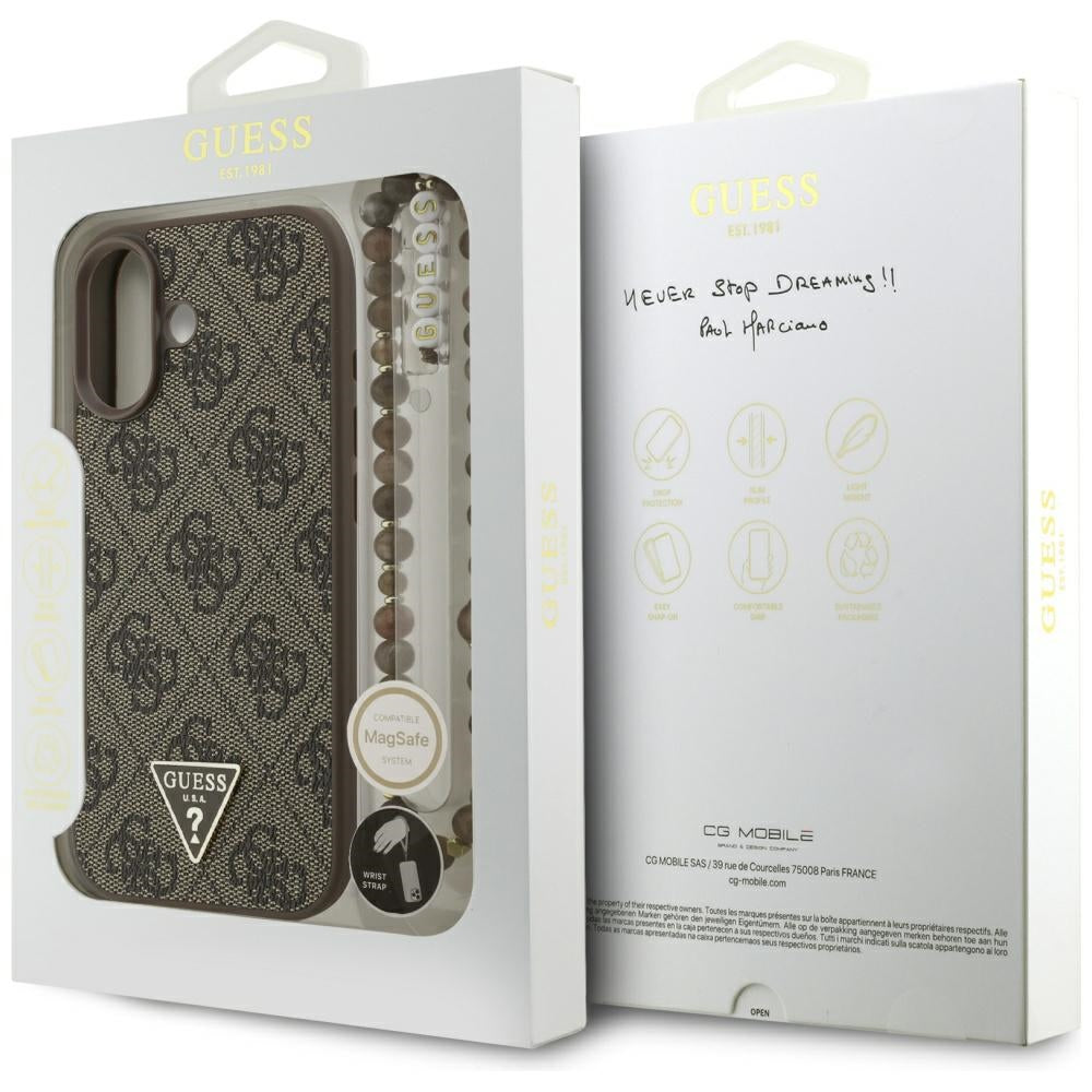 Guess iPhone 17 - 4G Strap Triangle Logo MagSafe - Σκληρή Θήκη με Επένδυση Συνθετικού Δέρματος και Λουράκι - Brown - GUHMP17SP4TSDPPSW