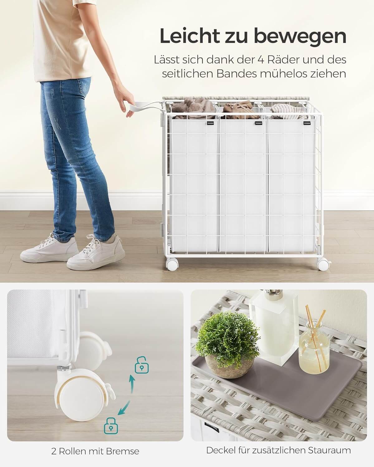 Songmics Τροχήλατο Αναδιπλούμενο Καλάθι Απλύτων με 3 Χωρίσματα και Καπάκι - 130 L - Cloud White - LCB313W01