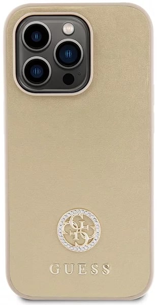 Guess iPhone 15 Pro 4G Strass Metal Logo Θήκη με Επένδυση Συνθετικού Δέρματος - Gold - GUHCP15LPS4DGPD