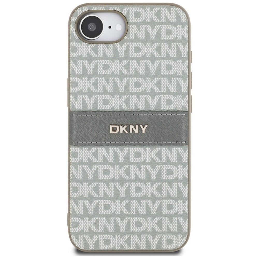 DKNY iPhone 16e - Repeat Texture Pattern with Tonal Stripe - Σκληρή Θήκη με Πλαίσιο Σιλικόνης και Επένδυση Συνθετικού Δέρματος - Beige