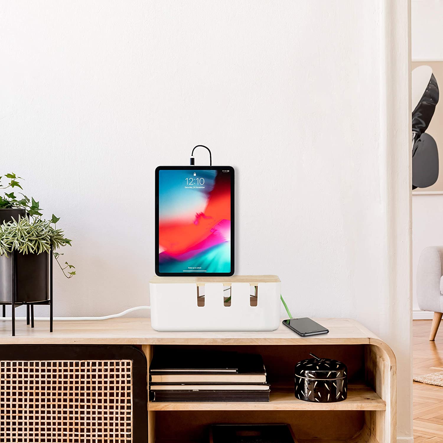 Relaxdays Πλαστικό Κουτί Καλωδίων με Καπάκι από Bamboo - White / Natural - 4052025306991