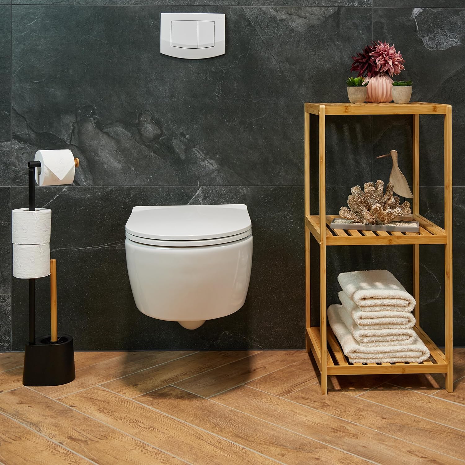 Relaxdays Επιδαπέδια Βάση για Χαρτί Υγείας με Ενσωματωμένο Πιγκάλ - Black / Light Brown - 4052025877941