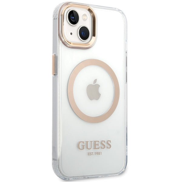 Guess iPhone 15 Plus / 14 Plus Metal Outline MagSafe Σκληρή Θήκη με Πλαίσιο Σιλικόνης και MagSafe - Gold - GUHMP15MHTRMD