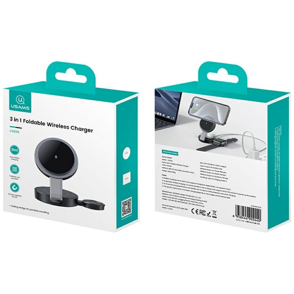 USAMS 3in1 Πτυσσόμενος Ασύρματος Φορτιστής Qi για Smartphones και Apple Watch και Airpods 15W - Black