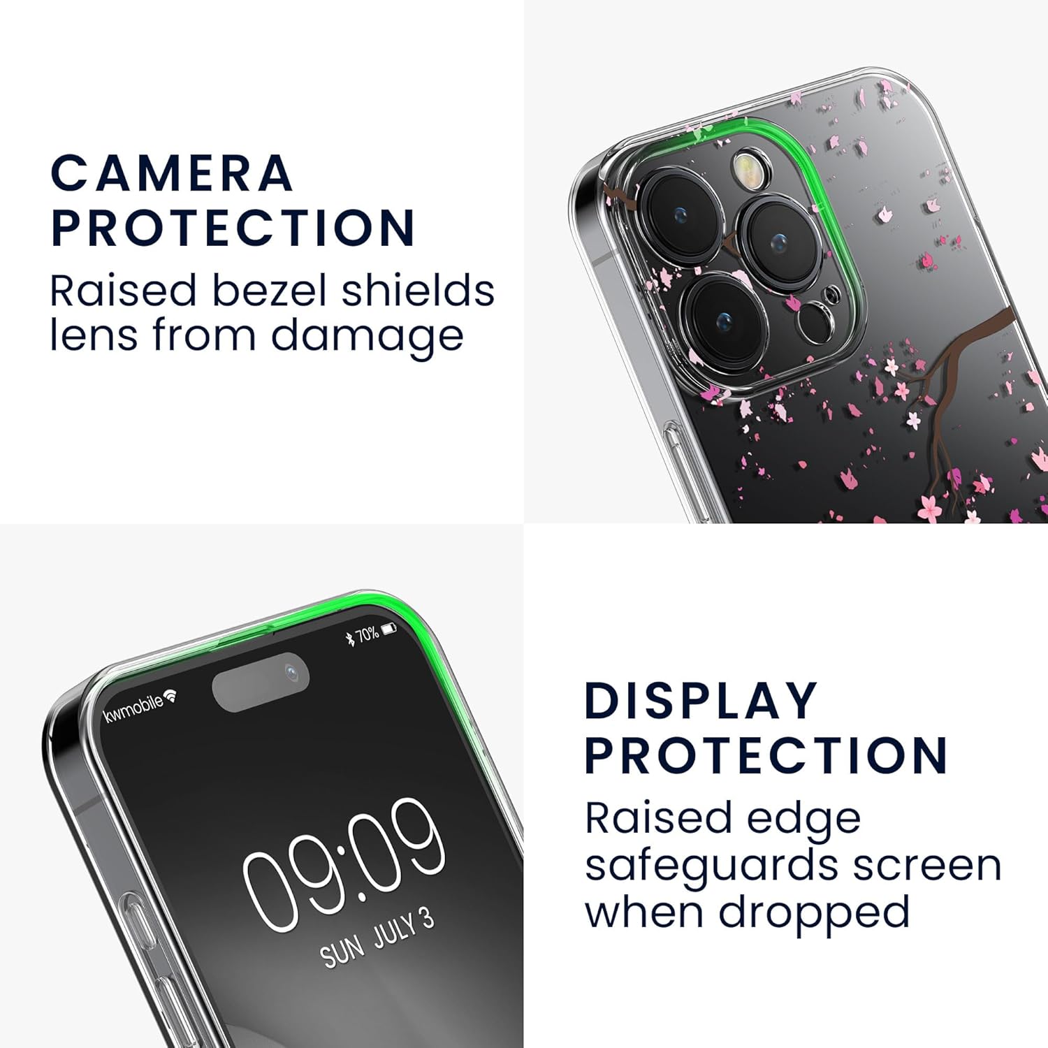 KW iPhone 15 Pro Θήκη Σιλικόνης TPU με Αντιχαρακτικό Γυαλί - Design Cherry Blossom Petals - Pink / Dark Brown / Διάφανη