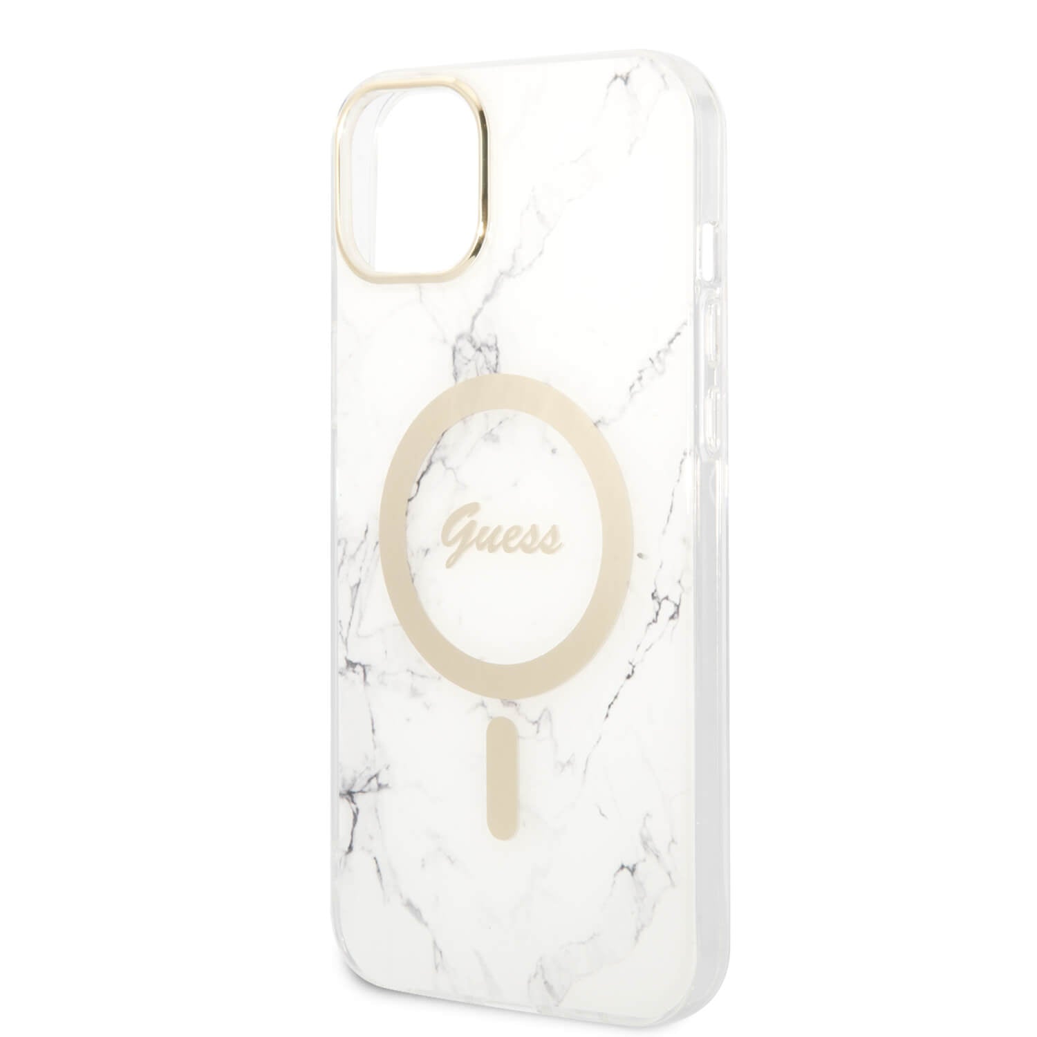 Guess iPhone 15 Plus / 14 Plus - Bundle Pack - Σετ Σκληρή Θήκη με Πλαίσιο Σιλικόνης και Ασύρματος Φορτιστής MagSafe - Design Marble MagSafe - White - GUBPP14MHMEACSH
