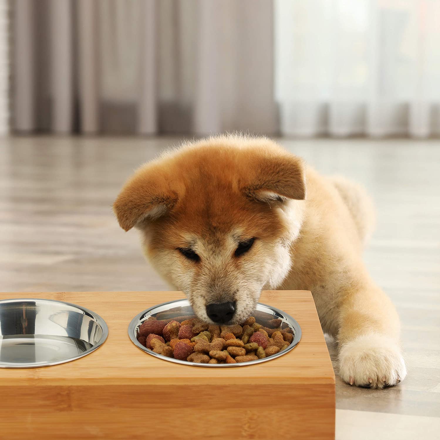 Relaxdays Σετ με 2 Μπολ από Ανοξείδωτο Ατσάλι σε Βάση από Μπαμπού για Κατοικίδια - 300 ml - Natural - 4052025916121