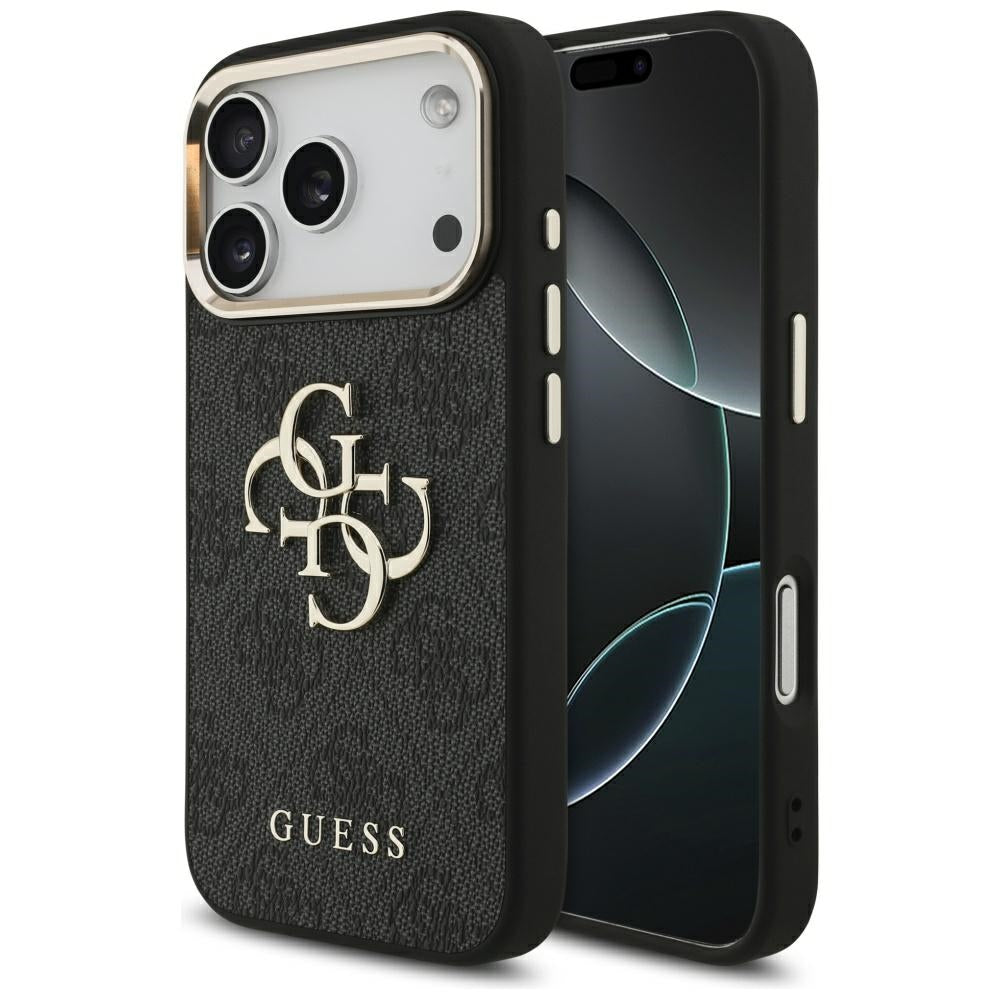 Guess iPhone 17 Pro - 4G Big 4G Classic Logo - Σκληρή Θήκη με Πλαίσιο Σιλικόνης και Επένδυση από Οικολογικό Δέρμα - Black / Gold - GUHCP17L4GMGCGR
