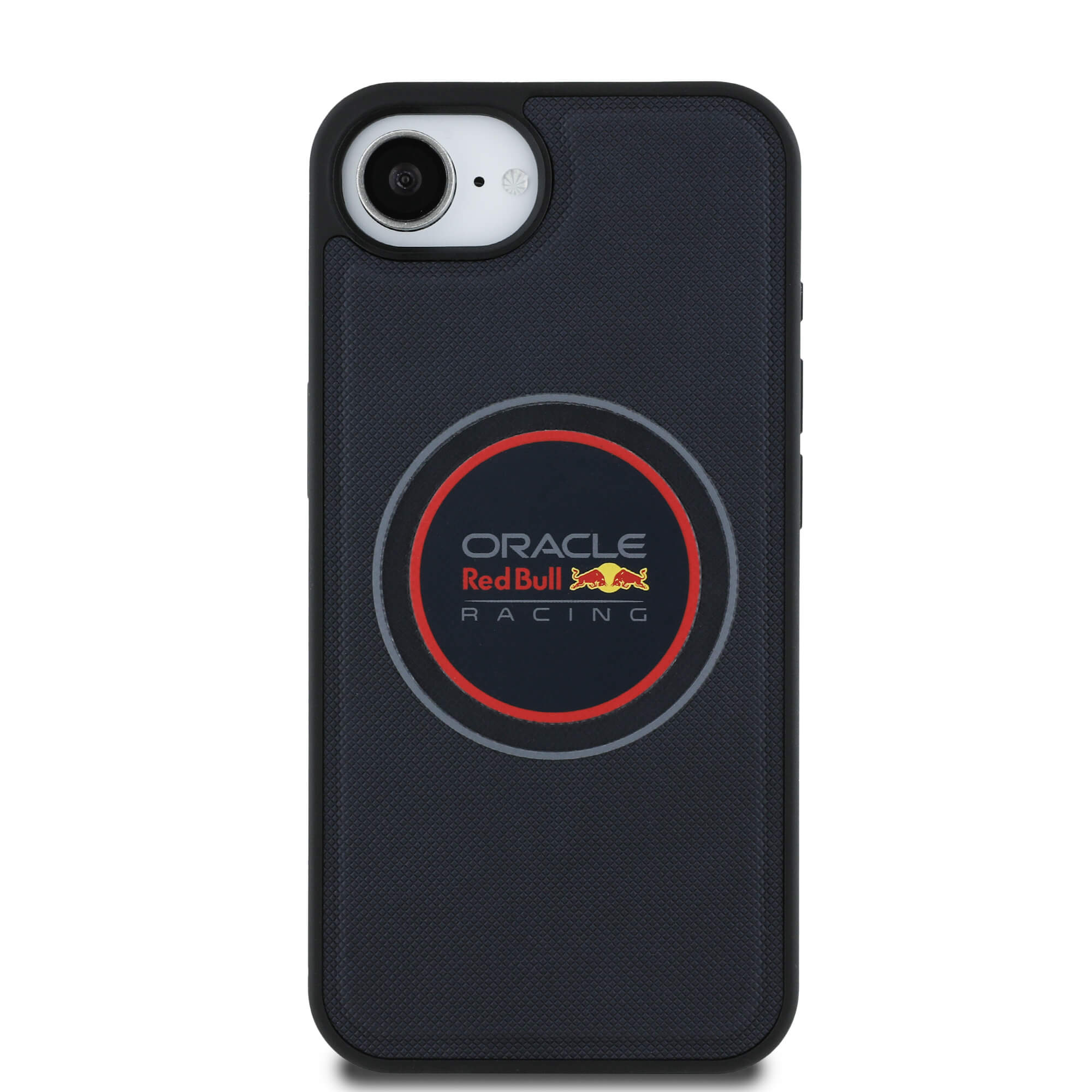 Red Bull iPhone 16e - Meshed Logo and Red Ring - MagSafe Σκληρή Θήκη με Επένδυση Συνθετικού Δέρματος και Πλαίσιο Σιλικόνης - Navy Blue - RBHMPSE424PUMEVR