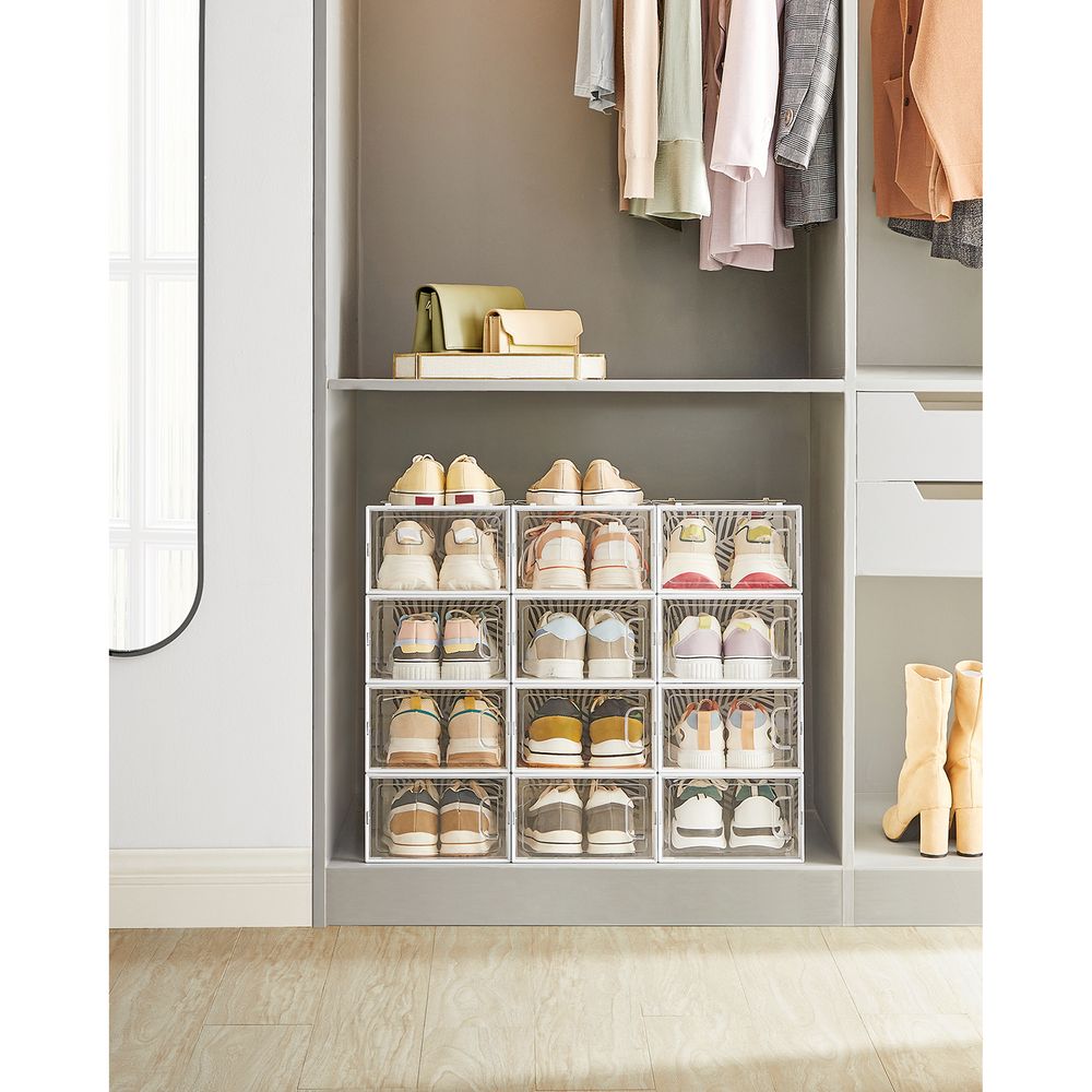 Songmics Σετ με 12 Πλαστικά Κουτιά Αποθήκευσης Υποδημάτων - White / Διάφανα - LSP106W12