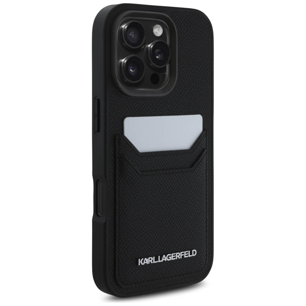 Karl Lagerfeld iPhone 16 Pro Max - HC Grained PU Cardslot Metal Elong - Σκληρή Θήκη με Επένδυση Συνθετικού Δέρματος και Υποδοχή για Κάρτες - Black - KLHCP16XPKHPORPK