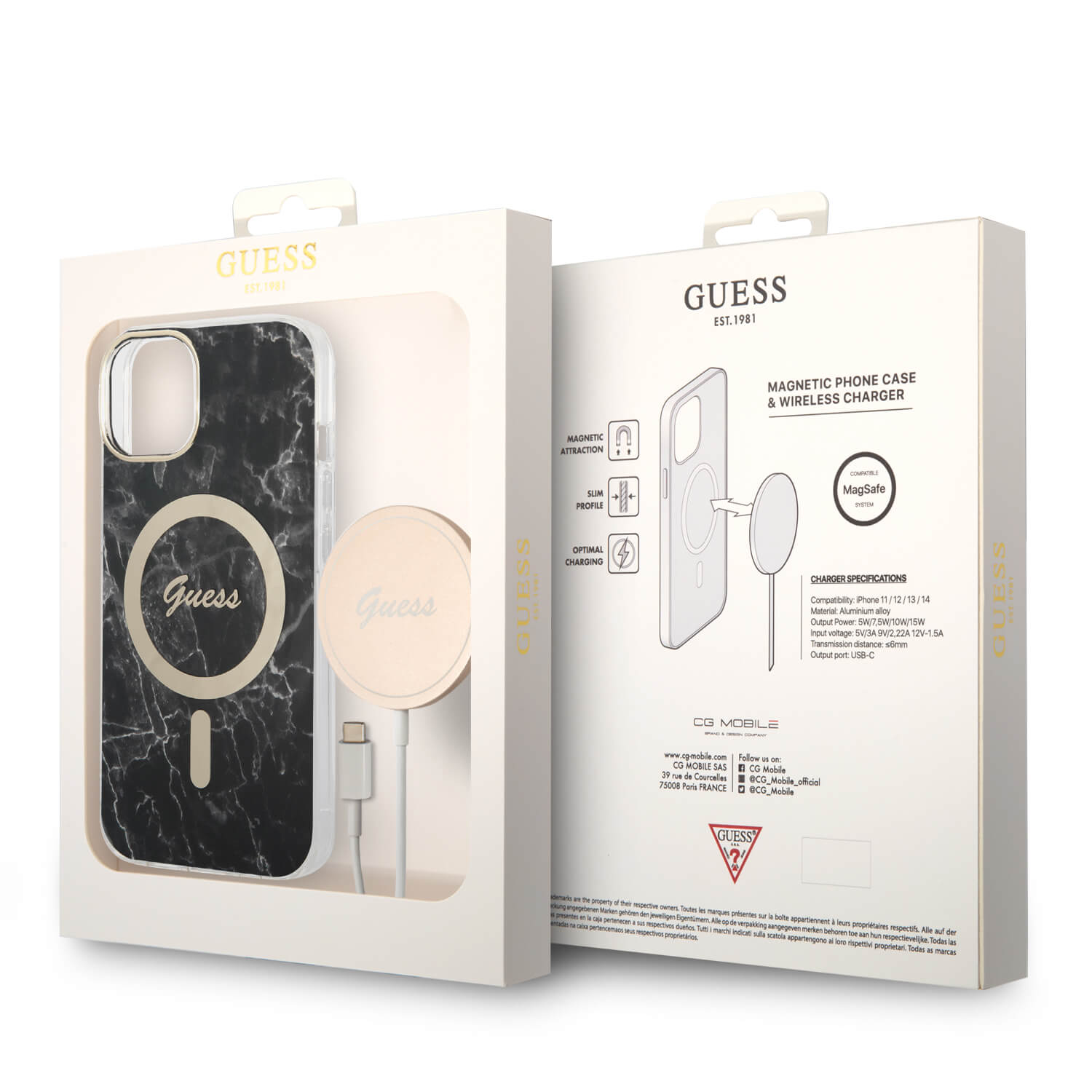 Guess iPhone 15 / 14 / 13 - Bundle Pack - Σετ Σκληρή Θήκη με Πλαίσιο Σιλικόνης και Ασύρματος Φορτιστής MagSafe - Design Marble MagSafe - Black - GUBPP14SHMEACSK