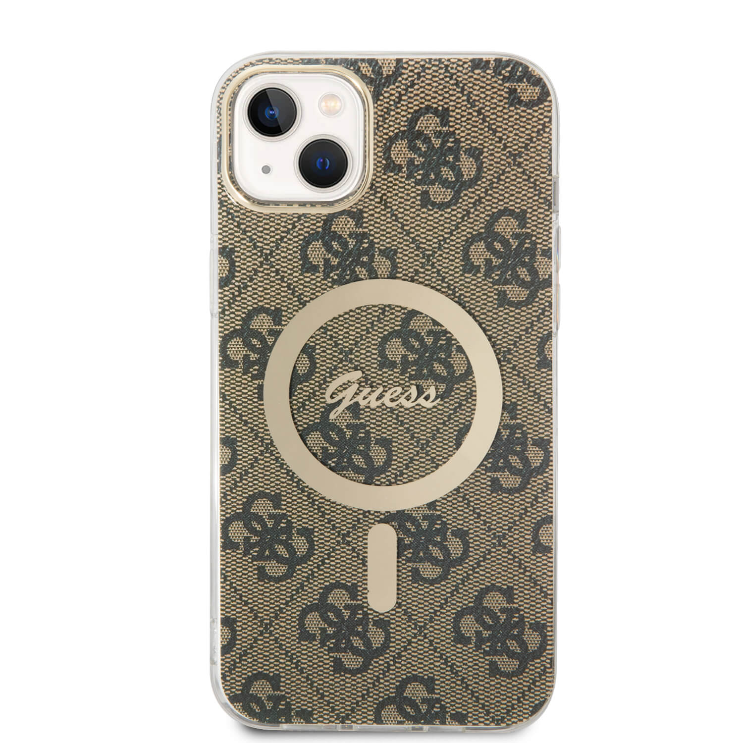 Guess iPhone 15 Plus / 14 Plus - Bundle Pack - Σετ Σκληρή Θήκη με Πλαίσιο Σιλικόνης και Ασύρματος Φορτιστής MagSafe - Design 4G Print MagSafe - Brown - GUBPP14MH4EACSW