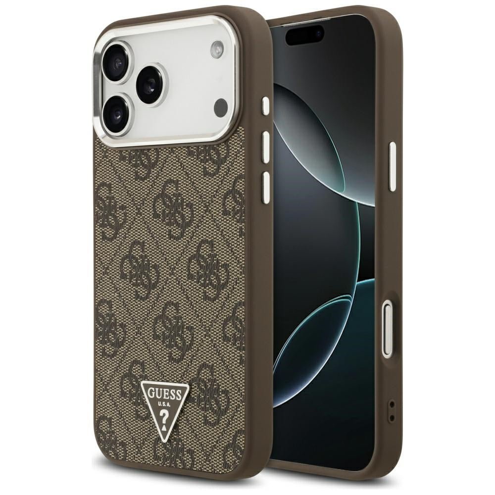 Guess iPhone 17 Pro Max - 4G Triangle Logo MagSafe - Σκληρή Θήκη με Πλαίσιο Σιλικόνης και Επένδυση Συνθετικού Δέρματος - Brown / Silver - GUHMP17XP4TSRCMW