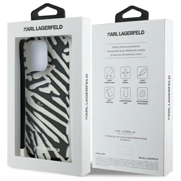 Karl Lagerfeld iPhone 16 Pro - IML Zebra Pattern and Cord - Σκληρή Θήκη με Πλαίσιο Σιλικόνης και Λουράκι - Black - KLHCP16LHZBPKCCK