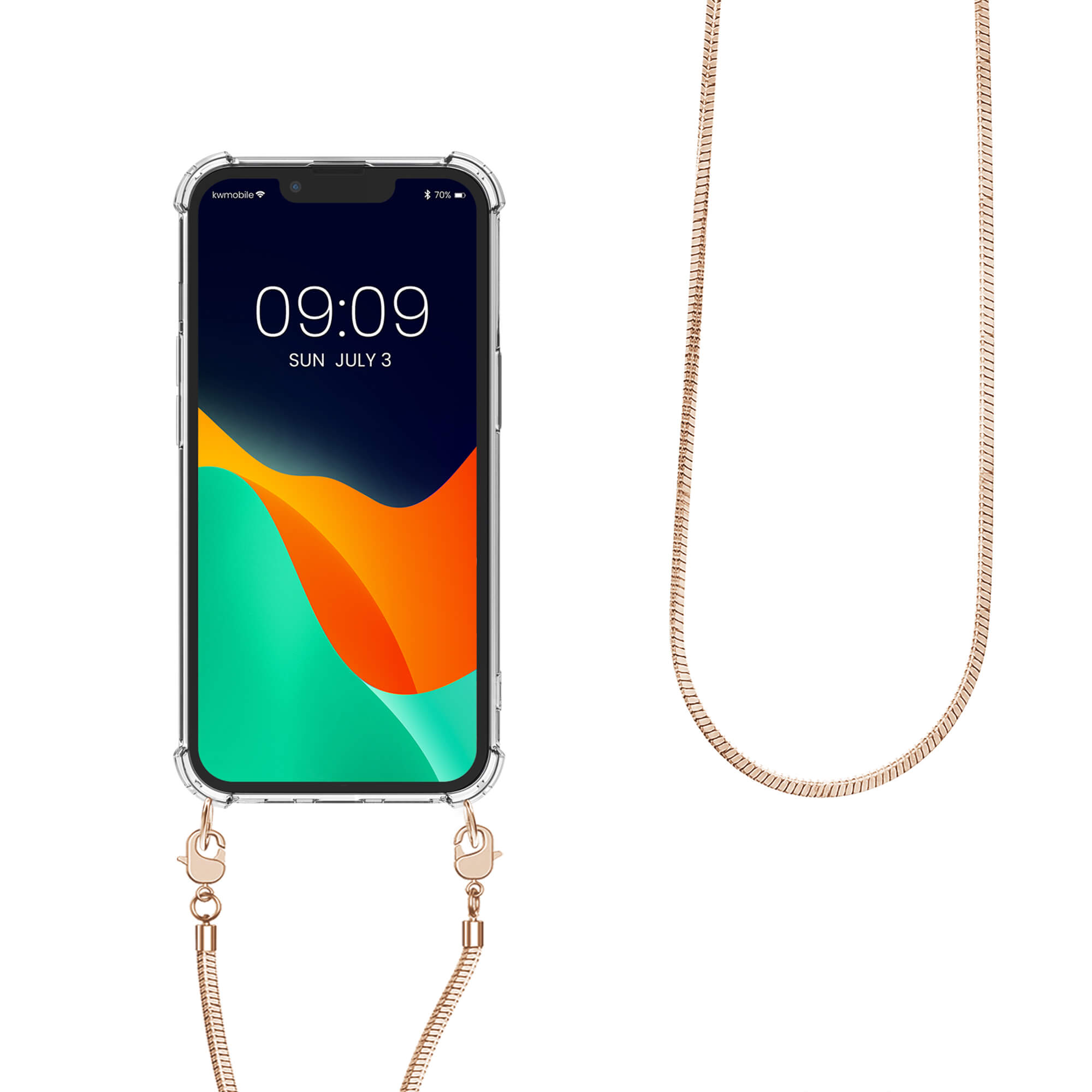 KW iPhone 13 Θήκη Σιλικόνης TPU με Μεταλλικό Λουράκι - Διάφανη / Rose Gold - 55952.81