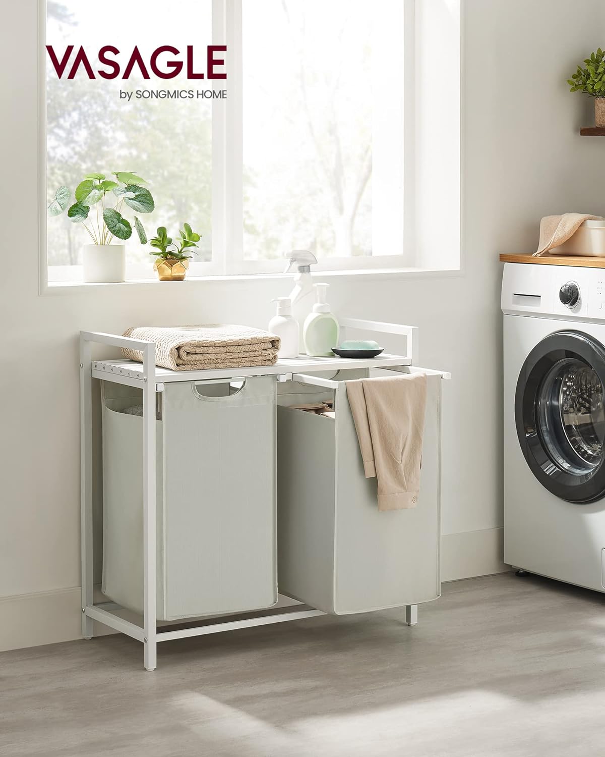 Vasagle Καλάθι Απλύτων με 2 Διαμερίσματα και Ράφι - 92L - White - BLH201W01