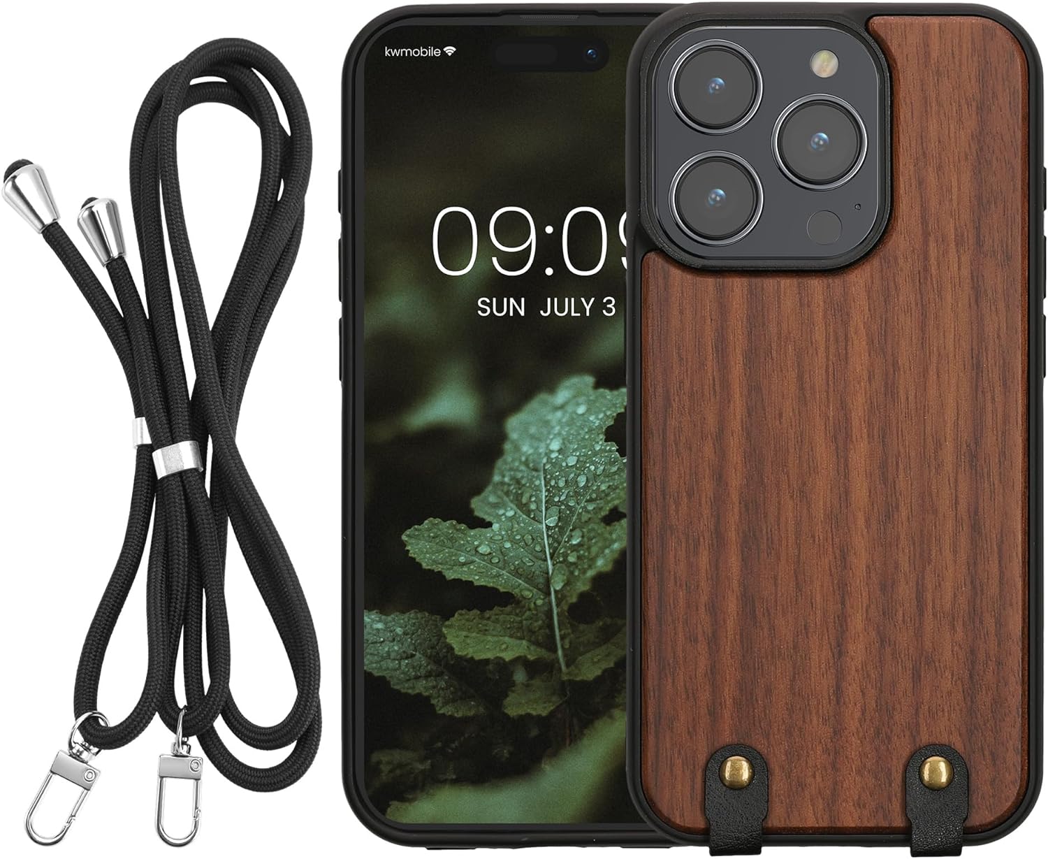 KW iPhone 15 Pro Θήκη από Φυσικό Ξύλο με Πλαίσιο Σιλικόνης και Λουράκι - Dark Brown