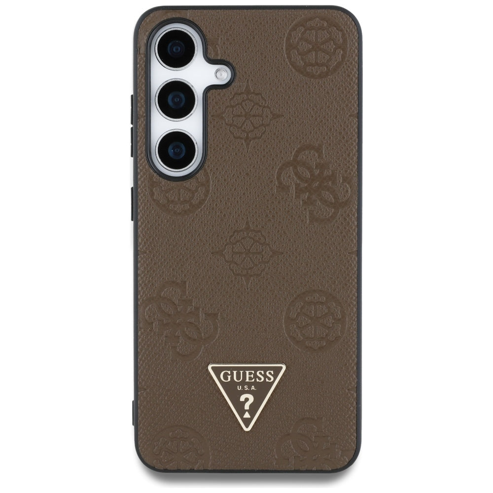 Guess Samsung Galaxy S25 - Grained Hot Stamp Peony Pattern Triangle Logo - MagSafe Σκληρή Θήκη με Πλαίσιο Σιλικόνης και Συνθετικό Δέρμα - Brown - GUHMS25SPGBTMW