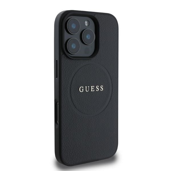 Guess iPhone 16 Pro Max - Grained Gold Ring - MagSafe Σκληρή Θήκη από Οικολογικό Δέρμα - Black - GUHMP16XPGHSMMK