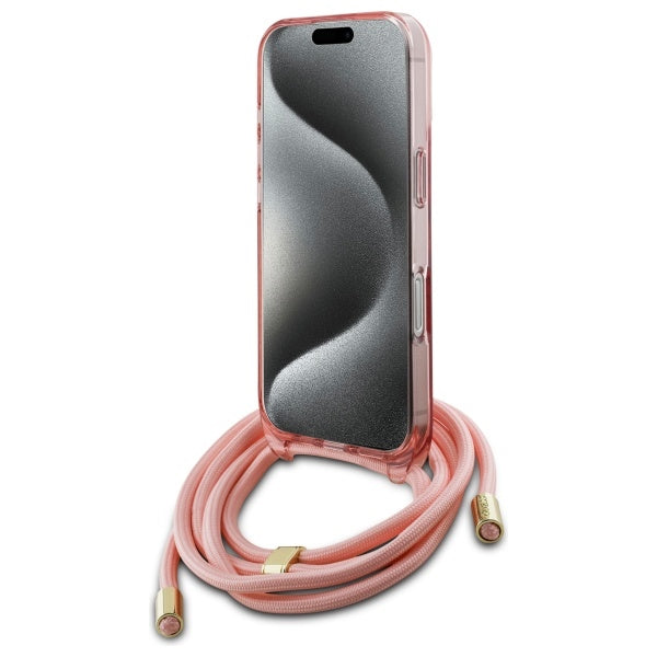 Guess iPhone 16 - Crossbody Cord Script MagSafe - Σκληρή Θήκη με Πλαίσιο Σιλικόνης και Λουράκι - Pink - GUHMP16SHCTSGNSP