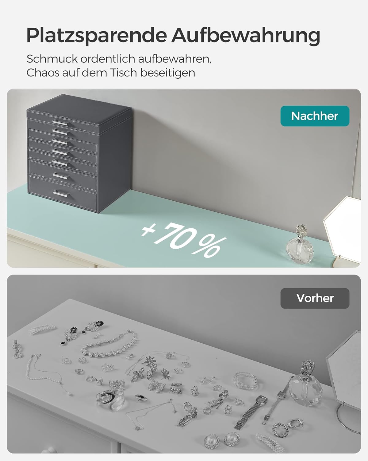 Songmics Κουτί Αποθήκευσης Κοσμημάτων 6 Επιπέδων με 5 Συρτάρια και Καθρέπτη - Grey - JBC138G01