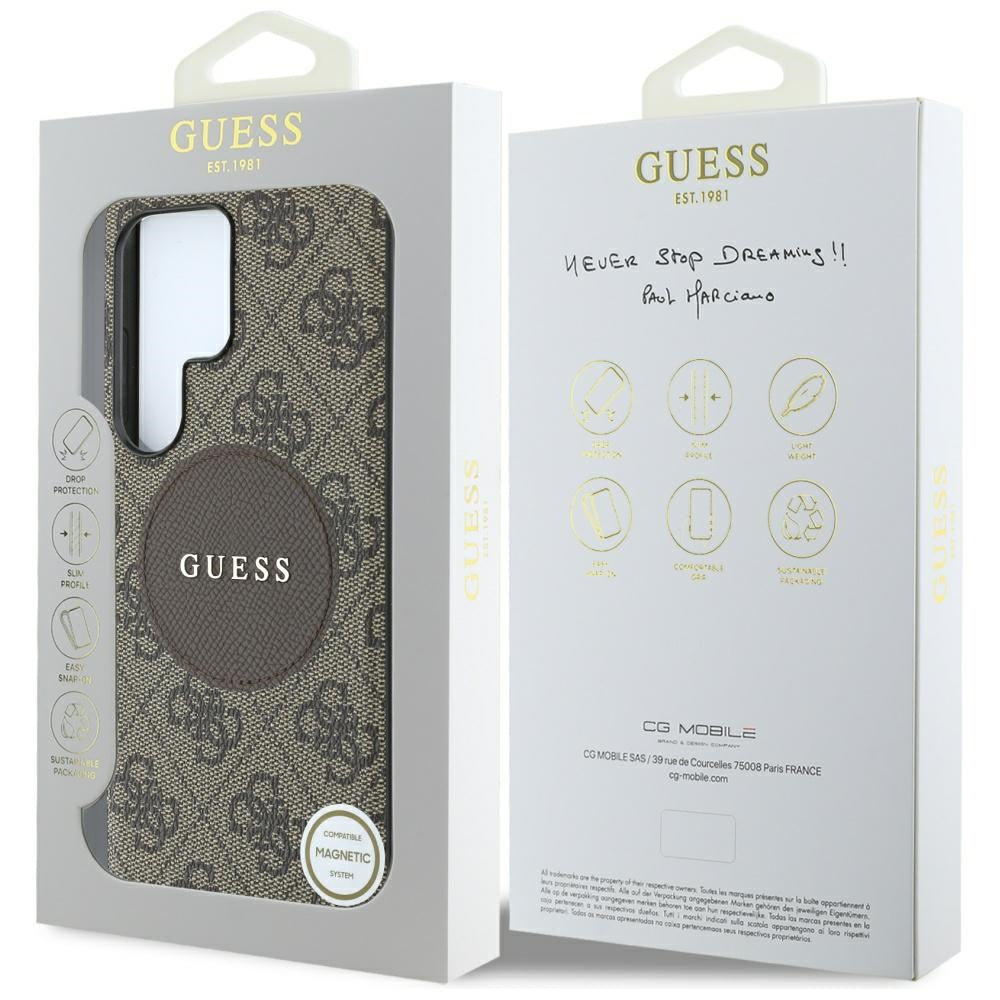 Guess Samsung Galaxy S25 Ultra - 4G Round Patch Classic Logo - Θήκη με Επένδυση Συνθετικού Δέρματος και MagSafe - Brown - GUHMS25LP4PGRSGW