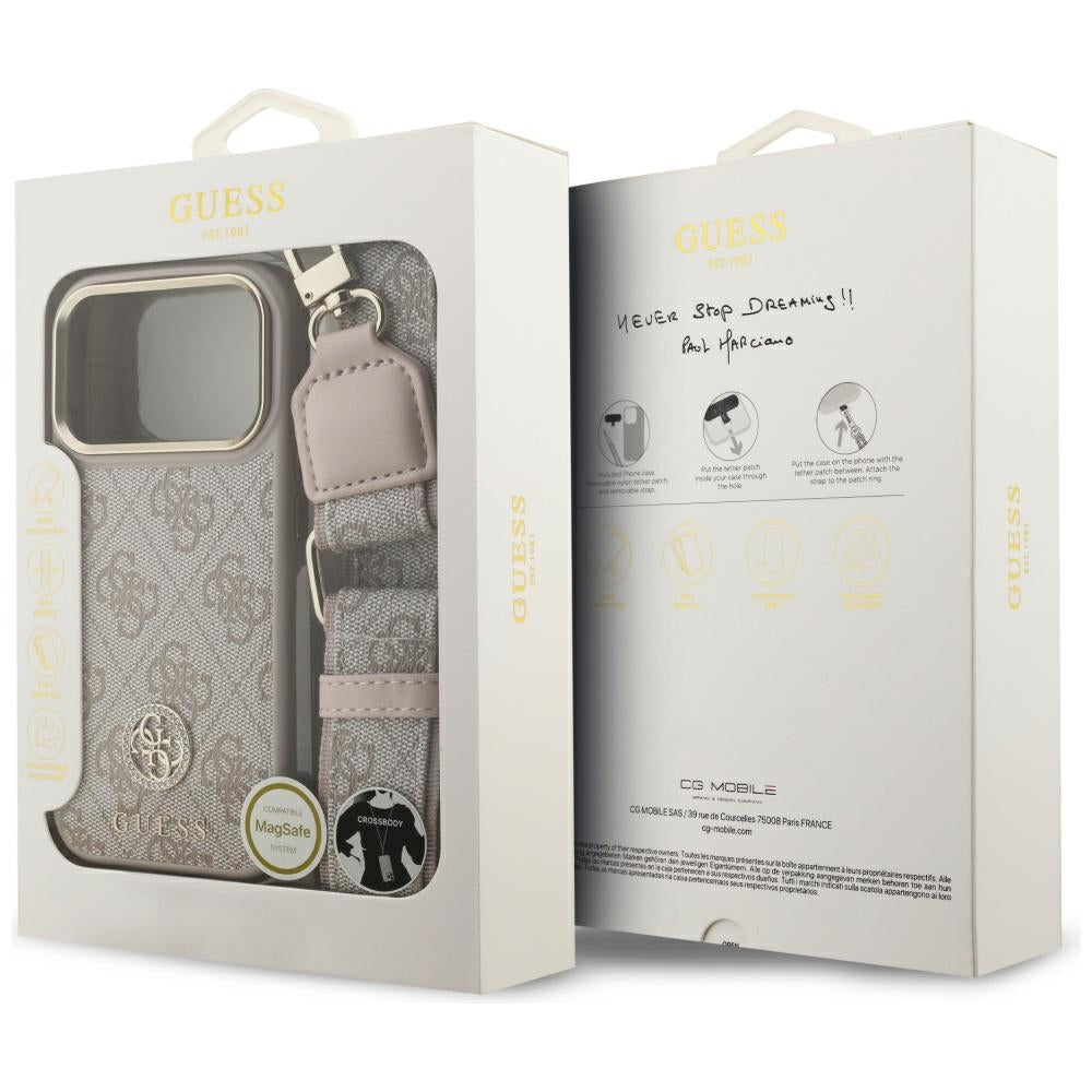 Guess iPhone 17 Pro - 4G Strass Logo and Big Strap Metal Buttons MagSafe - Θήκη με Επένδυση Συνθετικού Δέρματος και Λουράκι - Pink - GUHMP17LP4G4DCSP