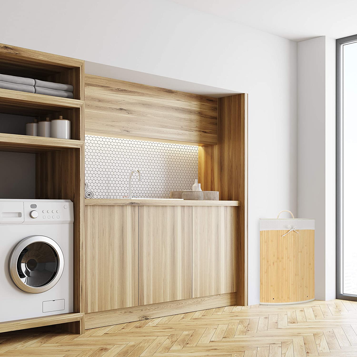 Relaxdays Καλάθι Απλύτων από Μπαμπού με Καπάκι - Creme / White - 4052025918385