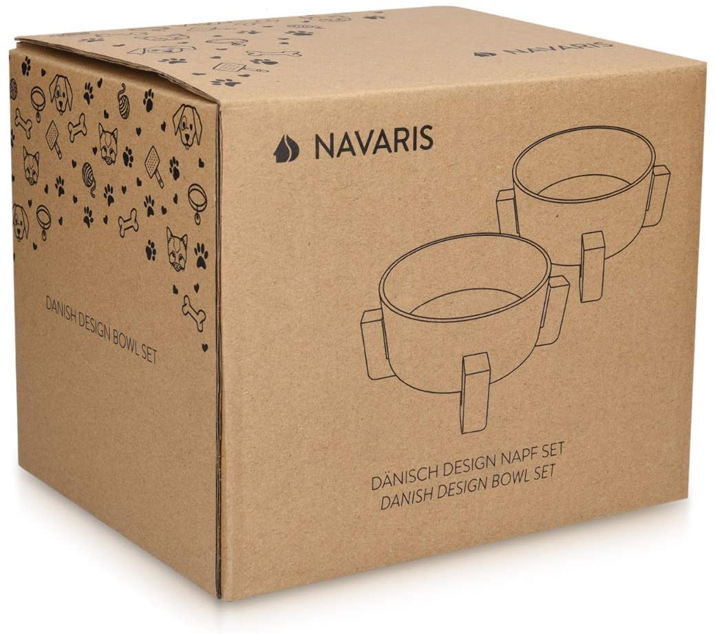 Navaris Cat Bowls with Wood Stands - Σετ με 2 Μπολ Φαγητού και Νερού 550ml με Βάση από Μπαμπού για Κατοικίδια - Grey / Brown - 48350.1.22