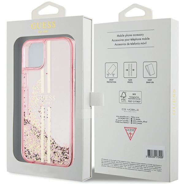 Guess iPhone 15 Plus Liquid Glitter Gold Stripes Σκληρή Θήκη με Πλαίσιο Σιλικόνης - Pink - GUHCP15MLFCSEGP