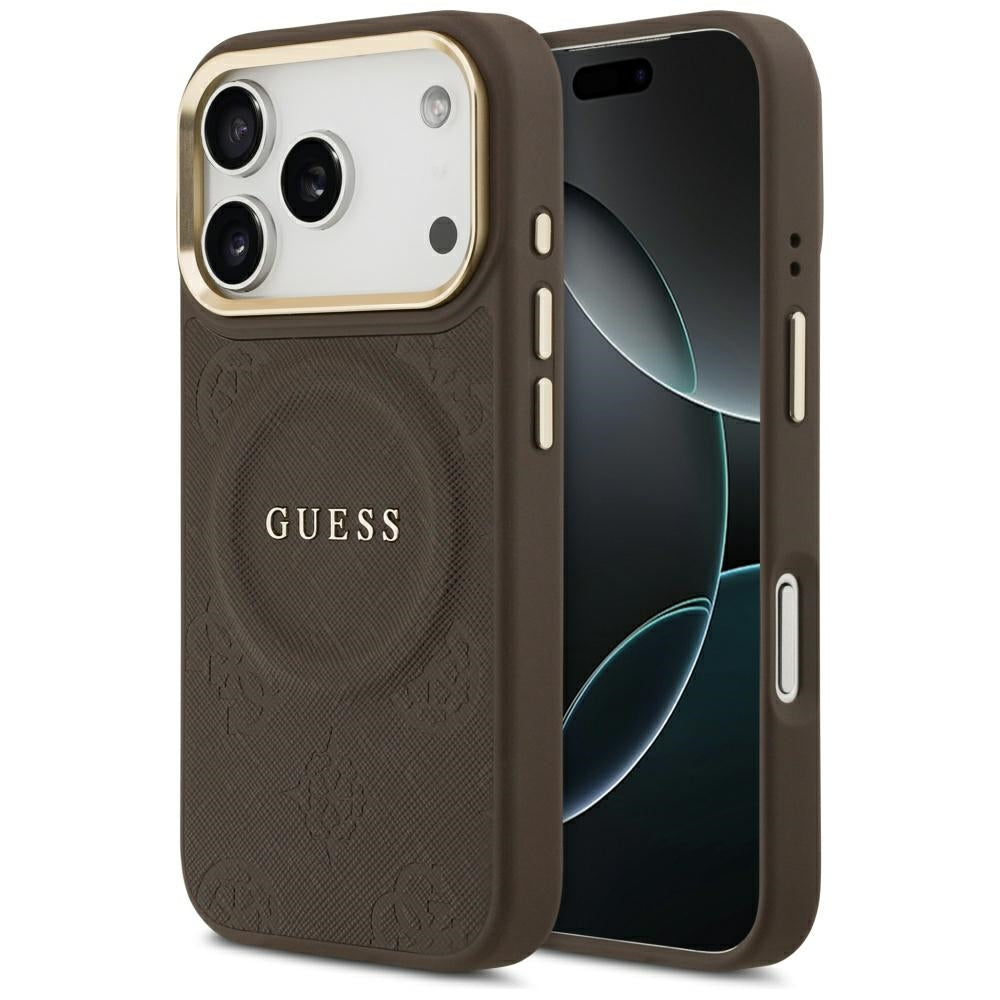 Guess iPhone 17 Pro - Peony Hot Stamp MagSafe - Σκληρή Θήκη με Επένδυση Συνθετικού Δέρματος - Brown - GUHMP17LPSAMSECW