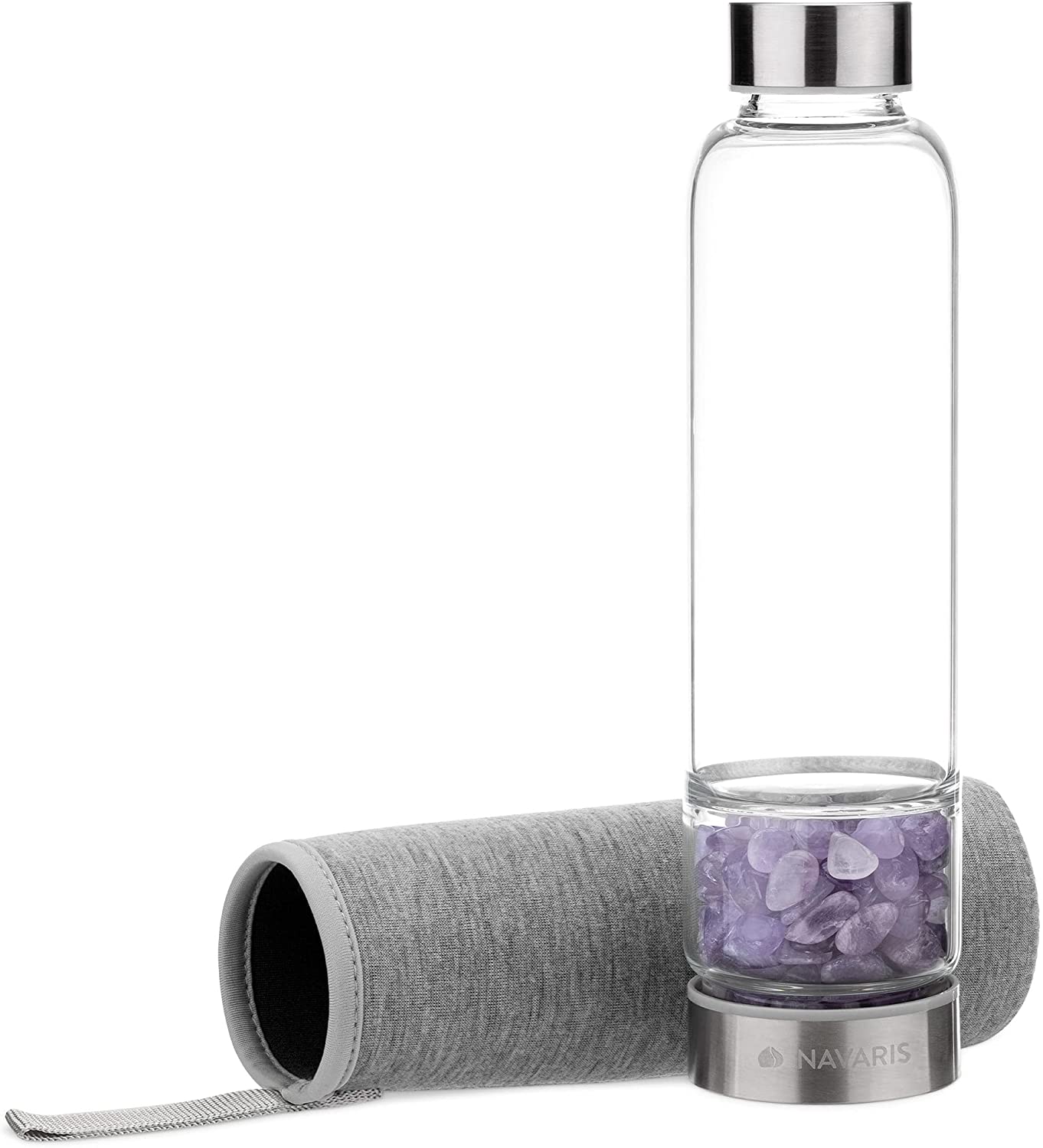 Navaris Γυάλινο Μπουκάλι Νερού με Πέτρες Αμέθυστου και Θήκη - BPA FREE - 420ml - Amethyst Stone - 53150.03