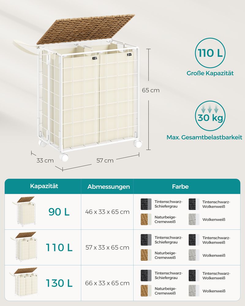 Songmics Τροχήλατο Αναδιπλούμενο Καλάθι Απλύτων με 2 Χωρίσματα και Καπάκι - 110L - Natural Beige / Cream White - LCB211N01