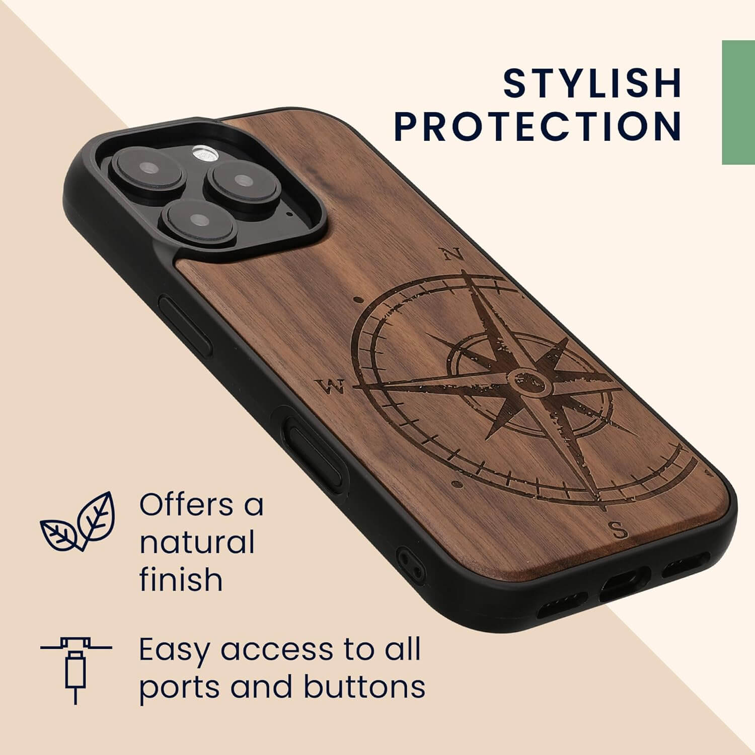 KW iPhone 16 Pro Θήκη από Φυσικό Ξύλο - Design Vintage Compass - Dark Brown
